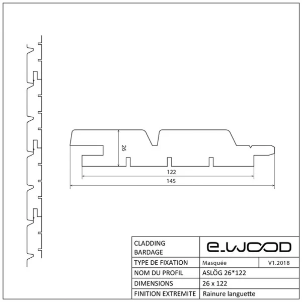BARDAGE BOIS EPICÉA CLASSE 3.1 PEINT TON BOIS SABLE - ASLOG 26*122*LONG.DISPONIBLE - Profil cotes img