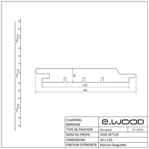 BARDAGE BOIS EPICÉA CHOIX B CLASSE 3.1 PEINT BLANC ICEBERG - IVAR 20*125*LONG.DISPONIBLE - Profil cotes img