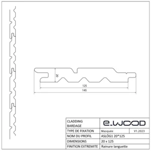 BARDAGE BOIS EPICÉA CLASSE 3.1 SATURÉ TON BOIS HAVANE - ASLOG1 20*125*LONG.DISPONIBLE - Profil cotes img