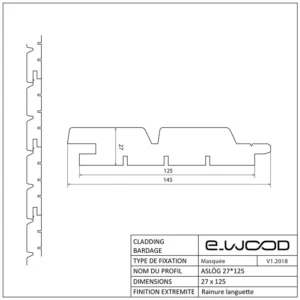 BARDAGE BOIS DOUGLAS CLASSE 3.2 ROSE DOUGLAS - ASLOG 27*125*LONG.DISPONIBLE - Profil cotes img