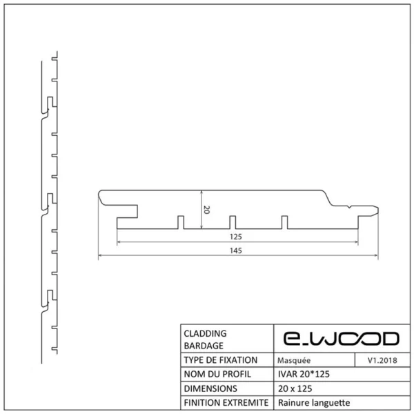 BARDAGE BOIS DOUGLAS CLASSE 3.1 SATURÉ GRIS SILVER - IVAR 20*125*LONG.DISPONIBLE - Profil cotes img