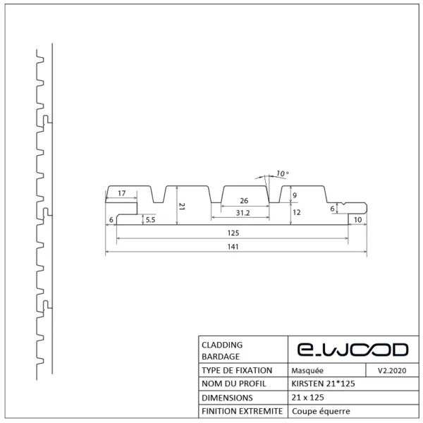 PAREMENT MURAL BOIS CHÊNE ABOUTÉ CLASSE 4 NATUREL - KIRSTEN 21*125*3000 - Profil cotes img