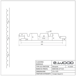 BARDAGE BOIS AYOUS THERMO CLASSE 3.2 SATURÉ TON BOIS ROYAL - KIRSTEN 21*125*LONG.DISPONIBLE - Profil cotes img