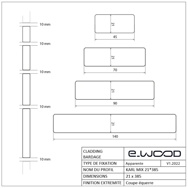 BARDAGE BOIS FRAKÉ THERMO CLASSE 3.2 SATURÉ TON BOIS BRUN (HAVANE) - KARL MIX 21*385*LONG.DISPONIBLE - Profil cotes img