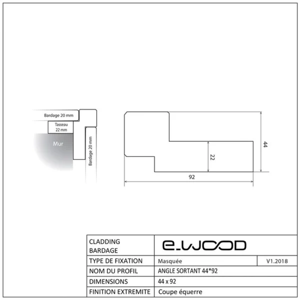 ACCESSOIRES BARDAGE BOIS EPICÉA CLASSE 3.1 VERT - ANGLE SORTANT 44*92*2700 - Profil cotes img
