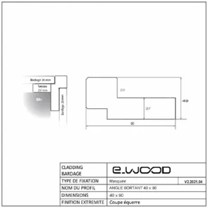 ACCESSOIRES BARDAGE BOIS CHÂTAIGNIER ABOUTÉ CLASSE 4 SATURÉ GRIS FUSAIN - ANGLE SORTANT 49*92*3000 - Profil cotes img