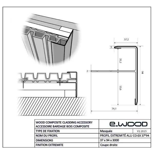 ACCESSOIRE BARDAGE E-WOOD® BOIS COMPOSITE EXCELLENCE BROSSÉ TON BOIS IPÉ - PROFIL EXTRÉMITÉ 37*94*3000 - Profil cotes img