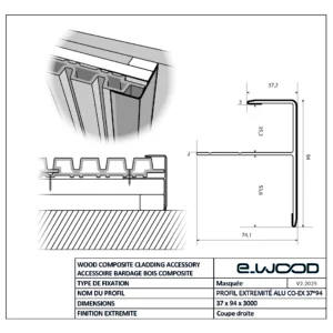 ACCESSOIRE BARDAGE E-WOOD® BOIS COMPOSITE EXCELLENCE BROSSÉ TON BOIS TEAK - PROFIL EXTRÉMITÉ 37*94*3000 - Profil cotes img