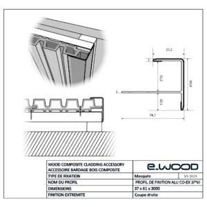 ACCESSOIRE BARDAGE E-WOOD® BOIS COMPOSITE EXCELLENCE BROSSÉ GRIS SILVER - PROFIL FINITION 37*61*3000 - Profil cotes img