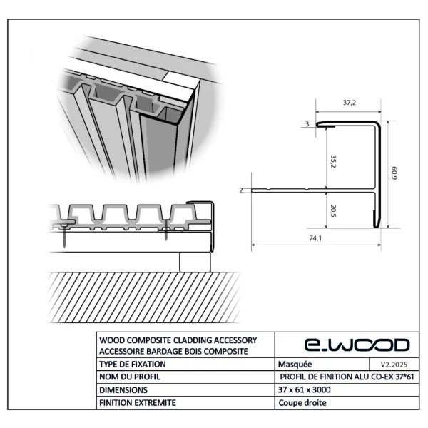 ACCESSOIRE BARDAGE E-WOOD® BOIS COMPOSITE EXCELLENCE BROSSÉ TON BOIS IPÉ - PROFIL FINITION 37*61*3000 - Profil cotes img