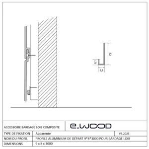ACCESSOIRE BARDAGE E-WOOD® ALUMINIUM - PROFIL DE DÉPART LOKI 9*8*3000 - Profil cotes img