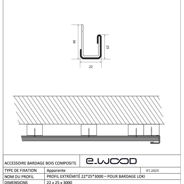ACCESSOIRE BARDAGE E-WOOD® BOIS COMPOSITE EXCELLENCE BROSSÉ TON BOIS RED CEDAR - PROFIL EXTRÉMITÉ LOKI 22*25*3000 - Profil cotes img
