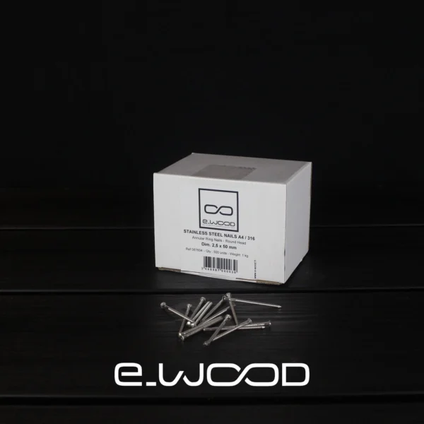 INOX A4 - POINTE BARDAGE 2,5 X 50 MM ANNELÉE TÊTE BOMBÉE INOX A4 BOITE DE 1KG - 500 POINTES ENV. - Packshot2 img