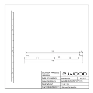 LAMBRIS BOIS EPICÉA NATUREL - - BRUT JOINTIF 13*135*2370 - Profil cotes img