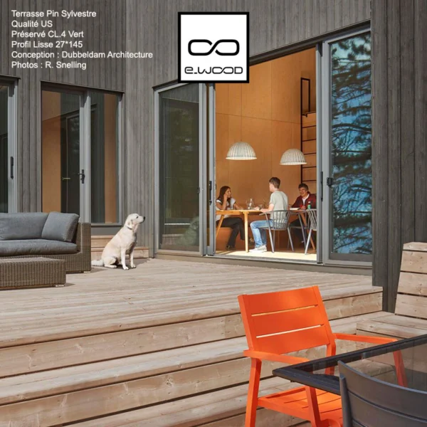 TERRASSE BOIS PIN SYLVESTRE US CLASSE 4 VERT - 1 FACE RAINURÉE 1 FACE LISSE 27*145*LONG.DISPONIBLE - Packshot1 img