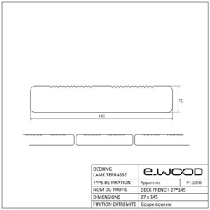 TERRASSE BOIS PIN SYLVESTRE CLASSE 4 BRUN - 1 FACE RAINURÉE 1 FACE LISSE 27*145*LONG.DISPONIBLE - Profil cotes img
