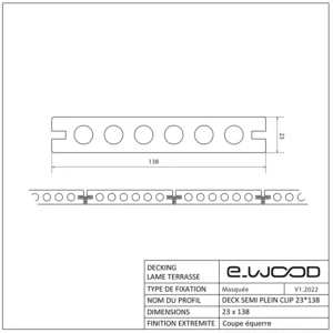 TERRASSE E-WOOD® BOIS COMPOSITE EXCELLENCE STRUCTURÉ ET BROSSÉ TON BOIS TEAK - CLIP 23*138*4000 - Profil cotes img