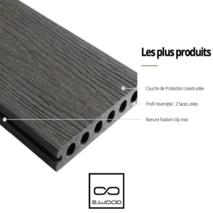 TERRASSE E-WOOD® BOIS COMPOSITE SEMI PLEIN STRUCTURÉ ET BROSSÉ GRIS ANTIQUE - CLIP 23*210*4000 - Ambiance4 img