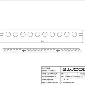 TERRASSE E-WOOD® BOIS COMPOSITE EXCELLENCE SEMI-PLEIN STRUCTURÉ ET BROSSÉ TON BOIS IPÉ - CLIP 23*210*4000 - Profil cotes img