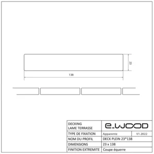 TERRASSE E-WOOD® BOIS COMPOSITE EXCELLENCE PLEIN STRUCTURÉ ET BROSSÉ TON BOIS AGED WOOD - A VISSER 23*138*3000 - Profil cotes img