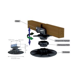 ACCESSOIRES TERRASSE B100 - PLOT RÉGLABLE 105 À 170 MM SPÉCIAL LAMBOURDE BOIS