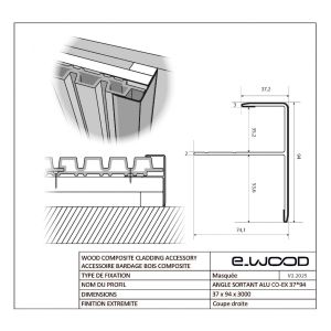 ACCESSOIRE BARDAGE E-WOOD® BOIS COMPOSITE EXCELLENCE BROSSÉ TON BOIS IPÉ - PROFILE EXTRÉMITÉ 37*94*3000