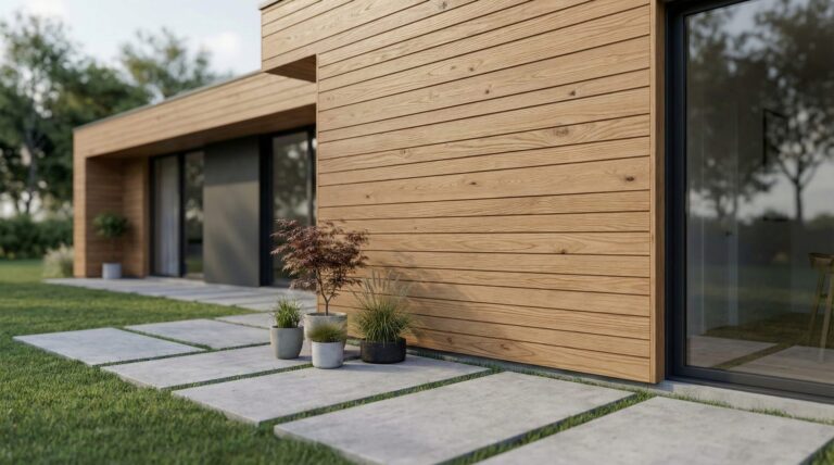 Maison contemporaine habillée d'un bardage en châtaignier, essence française naturellement durable en classe II