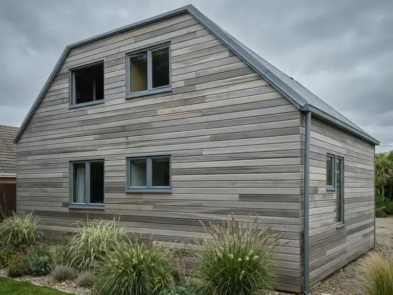 Maison avec bardage bois gris en differentes nuances