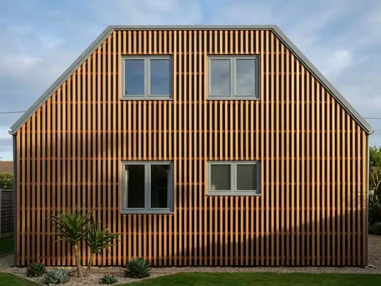 Facade avec bardage bois claire-voie a lames espacees