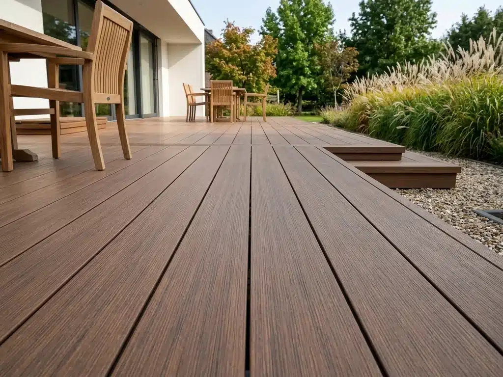 Terrasse en bois composite posée sur lambourdes, avec une finition régulière et un jeu constant entre les lames