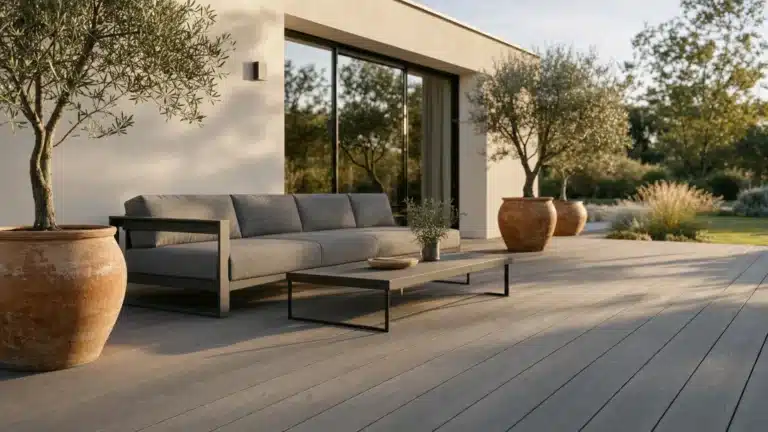 Grande terrasse en lames de bois composite gris taupe devant une maison contemporaine, avec salon d'extérieur et oliviers en pots