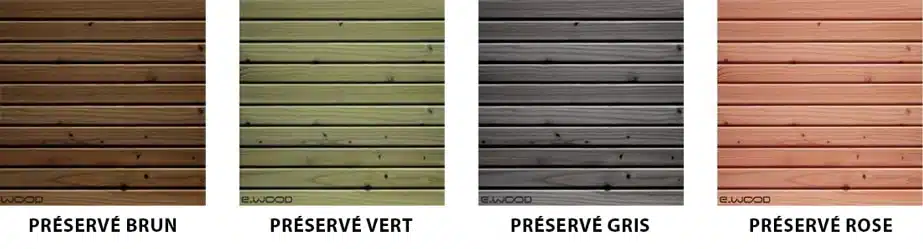 Les quatre teintes de préservation E-Wood sur lames de bardage : préservé brun, vert, gris et rose