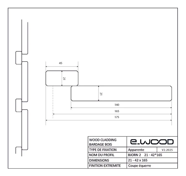 Plan coté du profil de bardage Bjorn2 21-42 x 165 mm à recouvrement, pour pose verticale