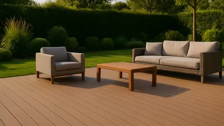Terrasse en lames composite ton bois avec un salon de jardin